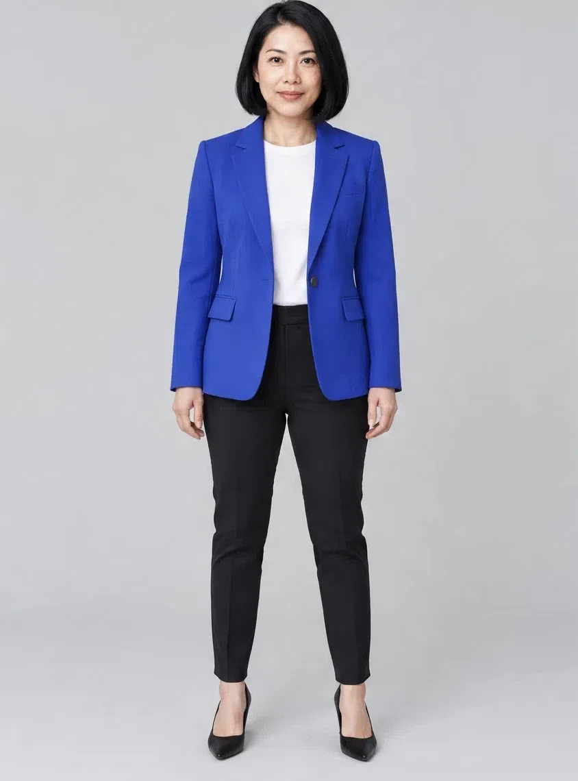 Ultramarine tailored blazer shown on four Bright Winter complexions, Medium complexion