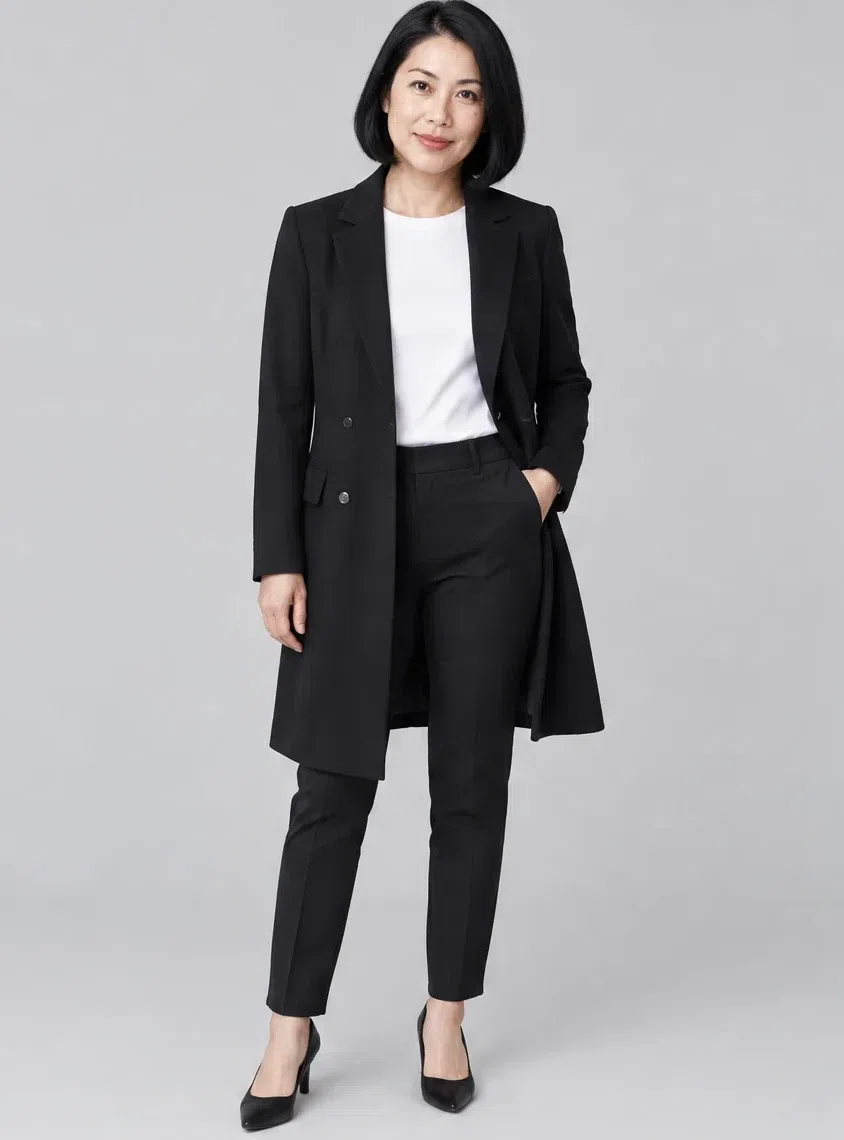 Jet black structured coat shown on four Bright Winter complexions, Medium complexion