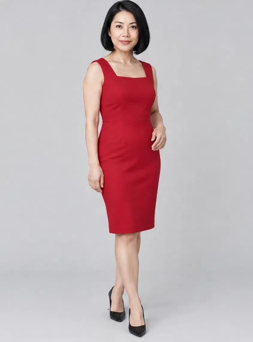 Ruby sheath dress shown on four Bright Winter complexions, Medium complexion