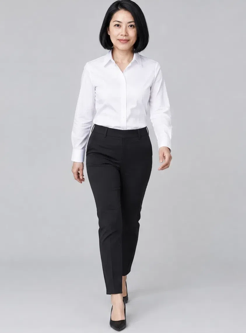 Optic white poplin shirt shown on four Bright Winter complexions, Medium complexion