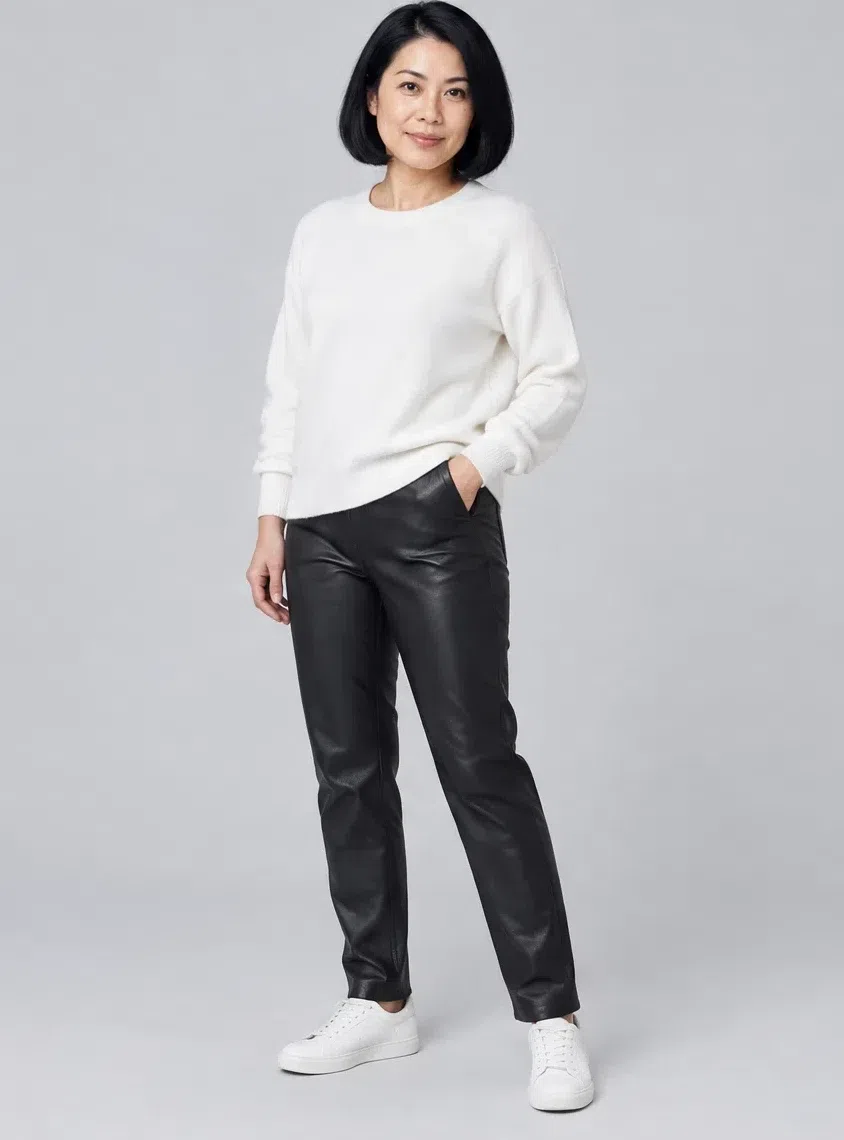 Jet black leather trousers shown on four Bright Winter complexions, Medium complexion