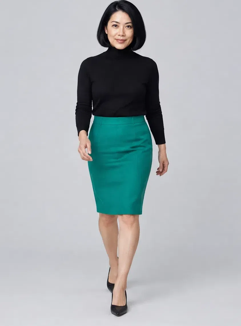 Jewel green pencil skirt shown on four Bright Winter complexions, Medium complexion