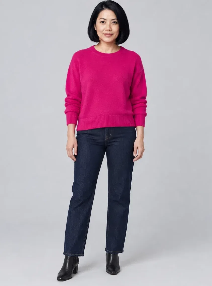 Shocking pink mohair sweater shown on four Bright Winter complexions, Medium complexion