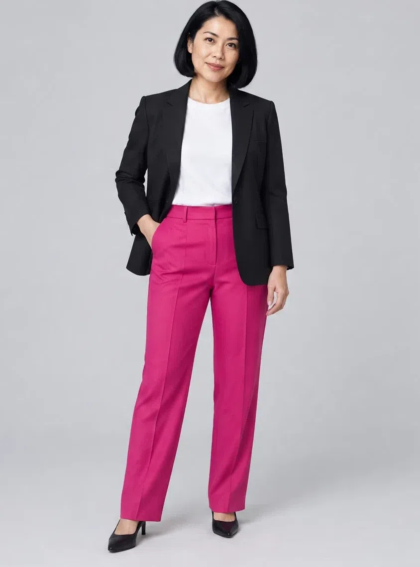 Hot magenta straight trousers shown on four Bright Winter complexions, Medium complexion