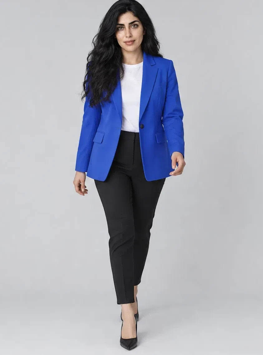 Ultramarine tailored blazer shown on four Bright Winter complexions, Light complexion