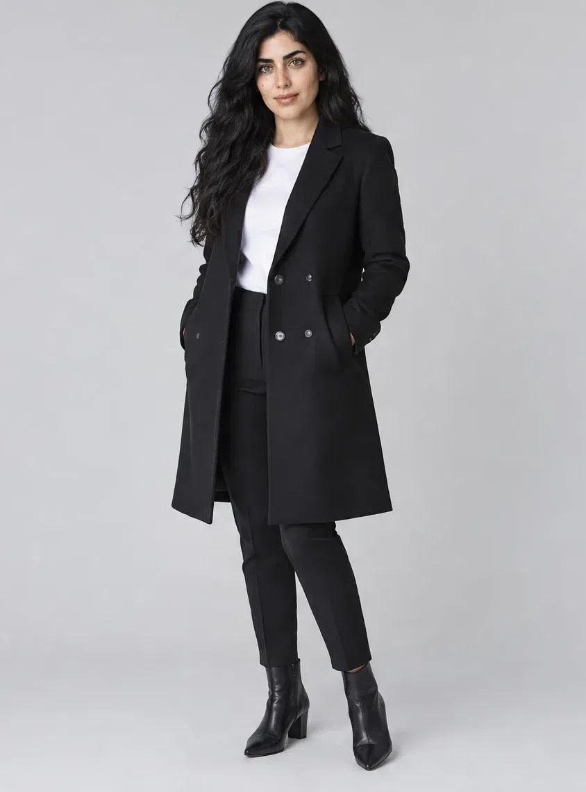 Jet black structured coat shown on four Bright Winter complexions, Light complexion