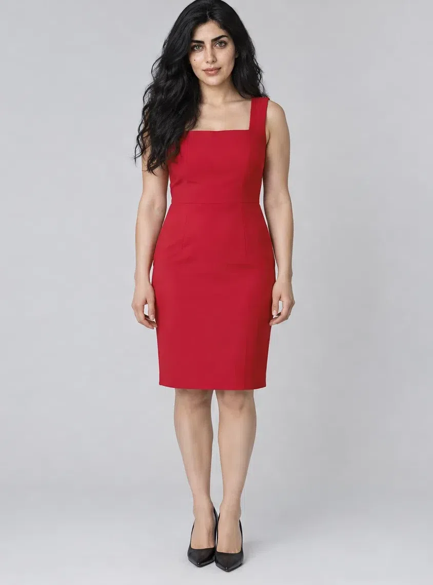 Ruby sheath dress shown on four Bright Winter complexions, Light complexion