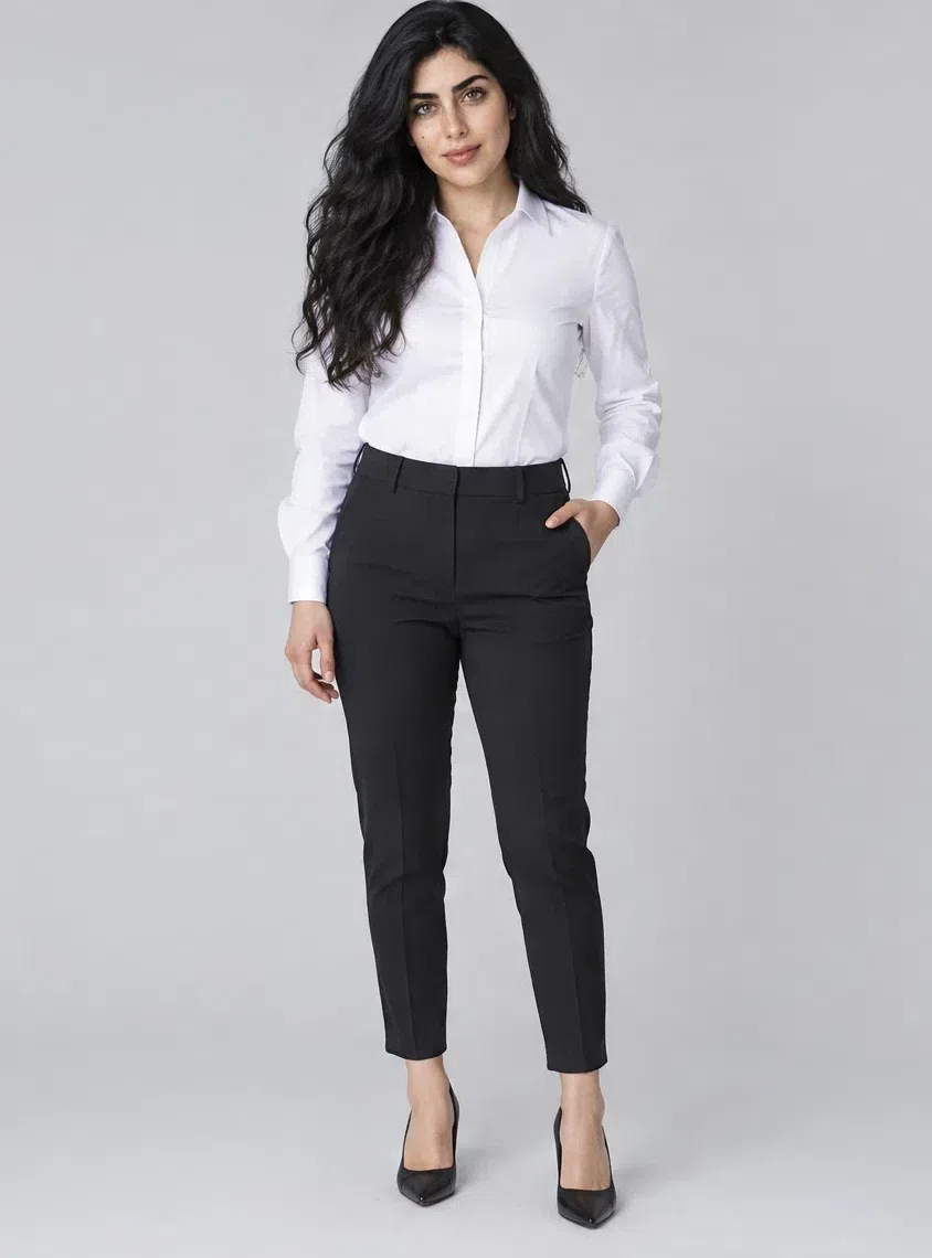 Optic white poplin shirt shown on four Bright Winter complexions, Light complexion