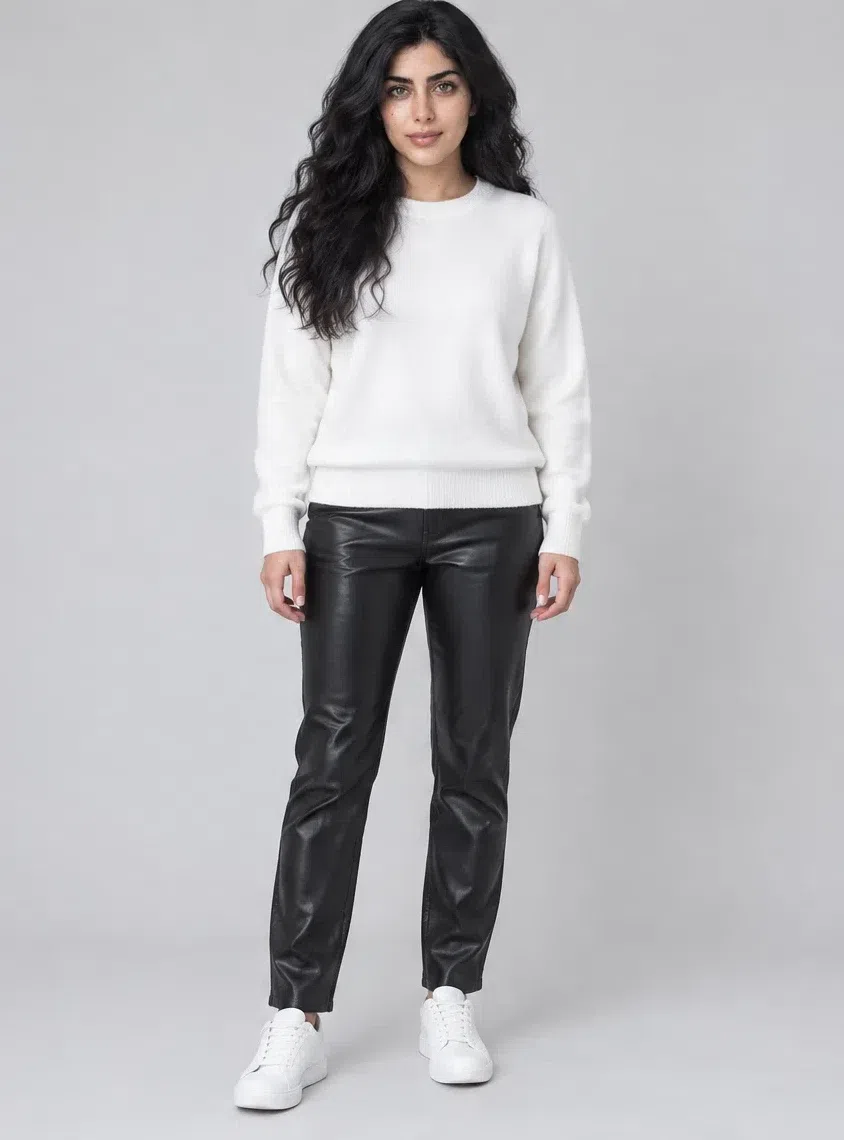 Jet black leather trousers shown on four Bright Winter complexions, Light complexion
