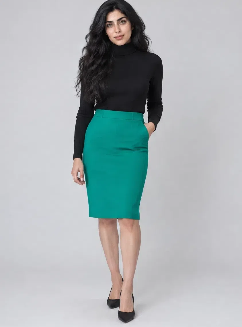 Jewel green pencil skirt shown on four Bright Winter complexions, Light complexion