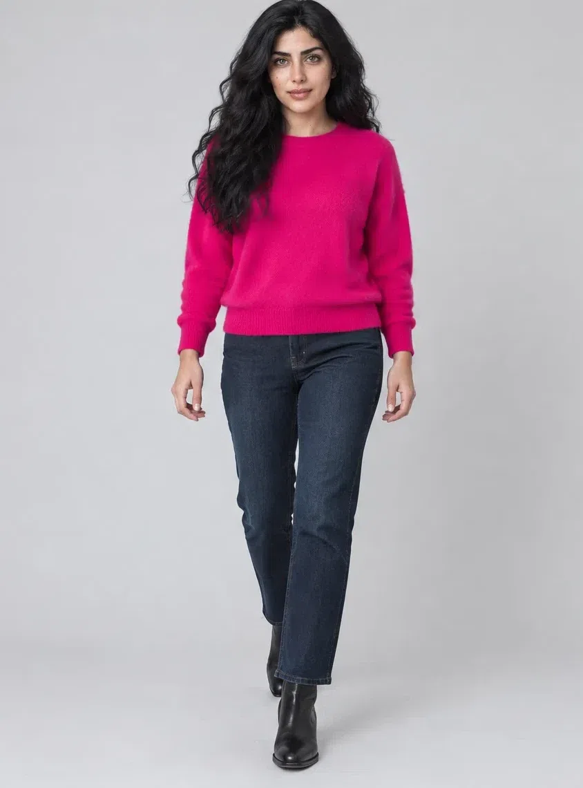 Shocking pink mohair sweater shown on four Bright Winter complexions, Light complexion
