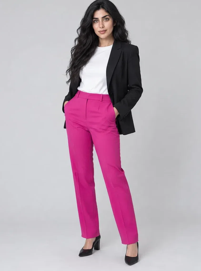 Hot magenta straight trousers shown on four Bright Winter complexions, Light complexion