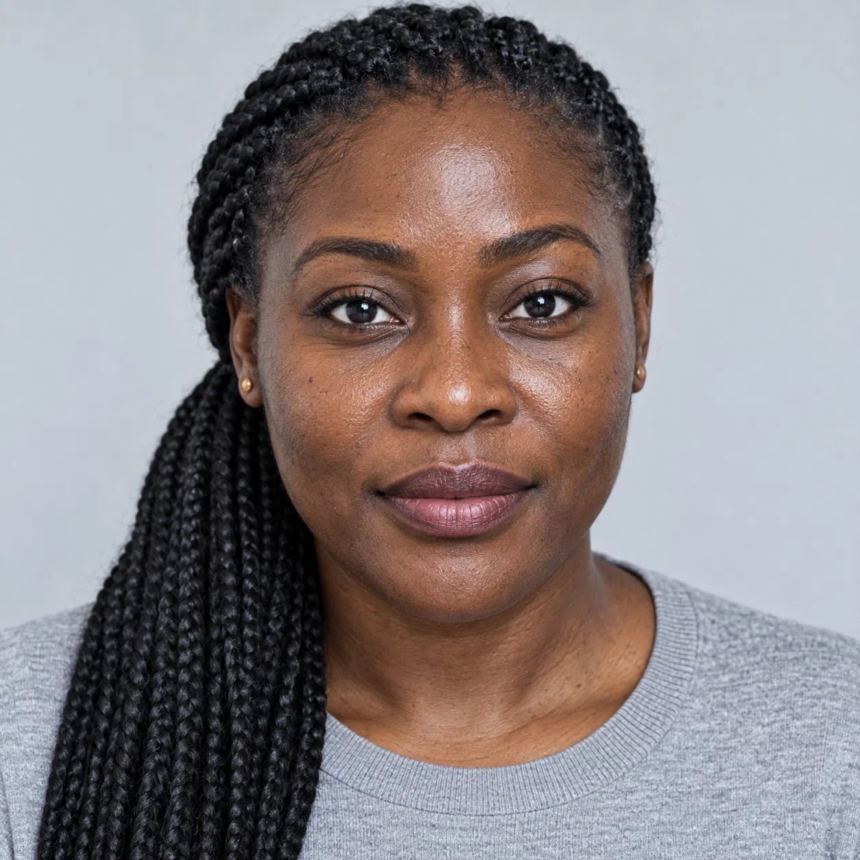 A Bright Winter woman with deep cool brown skin, long black braids and near-black eyes, on gray