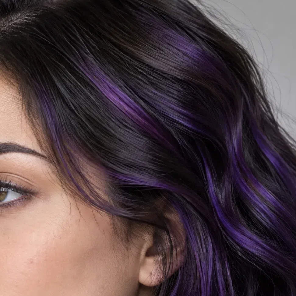Amethyst ribbons worked into dark hair on a Bright Winter