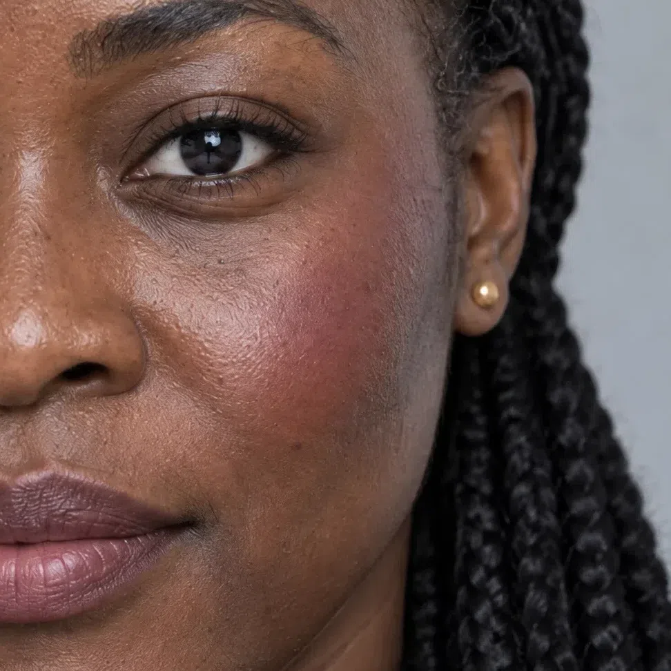 Deep berry blush clearly visible on a deep brown cheekbone
