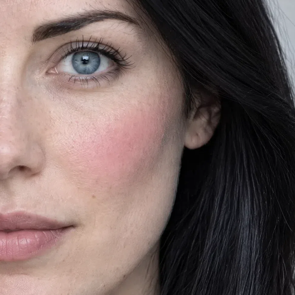 Cool pink blush on the cheek of a fair Bright Winter