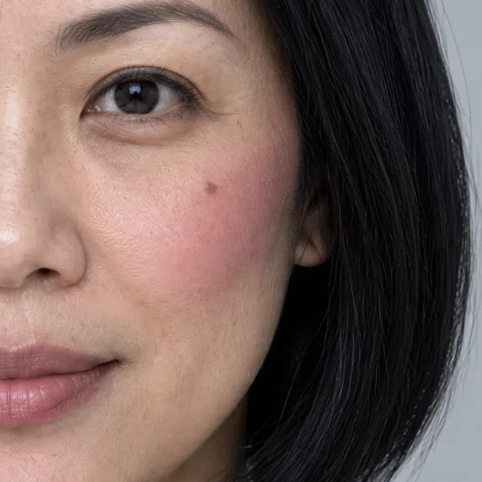 Plum-pink blush swept over a medium cool-beige cheekbone
