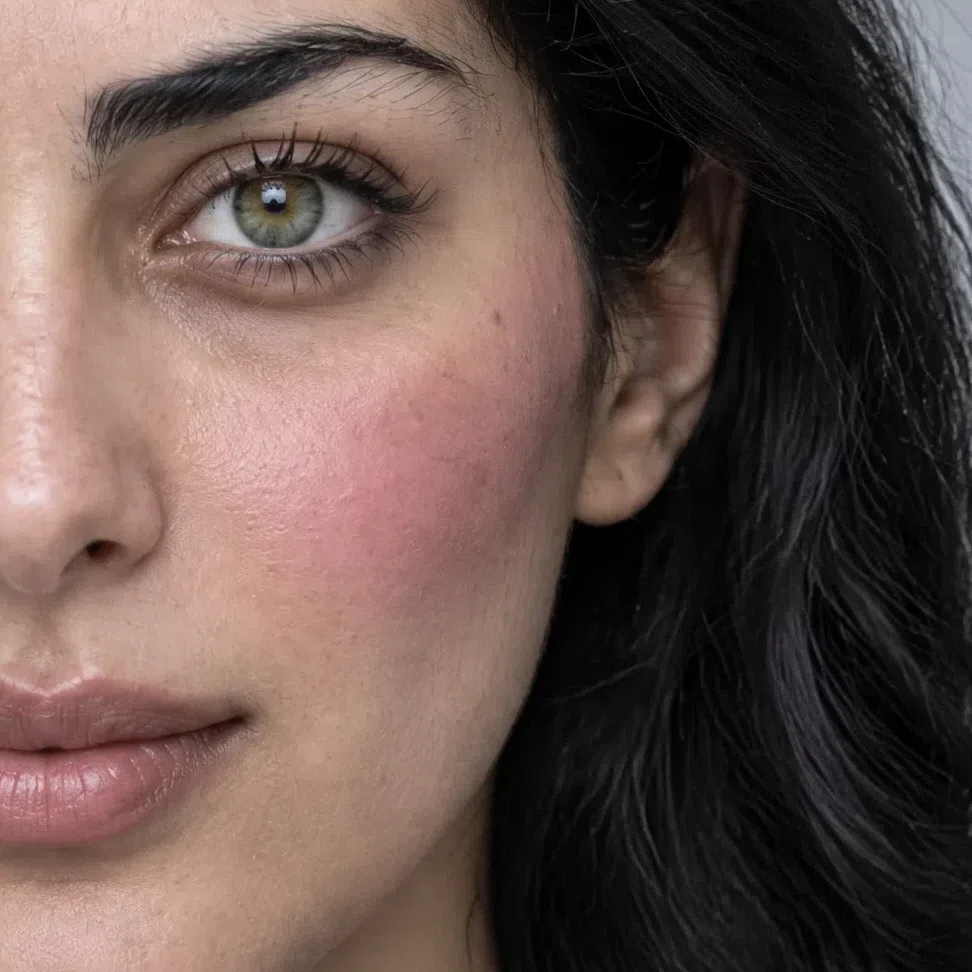 Raspberry pink blush on a light olive cheek