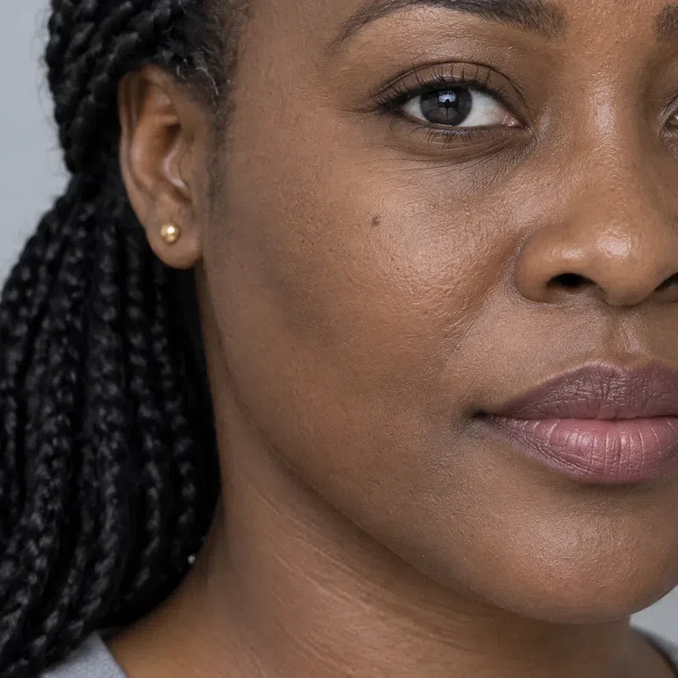 Deep cool espresso foundation with a red-blue undertone on deep brown skin