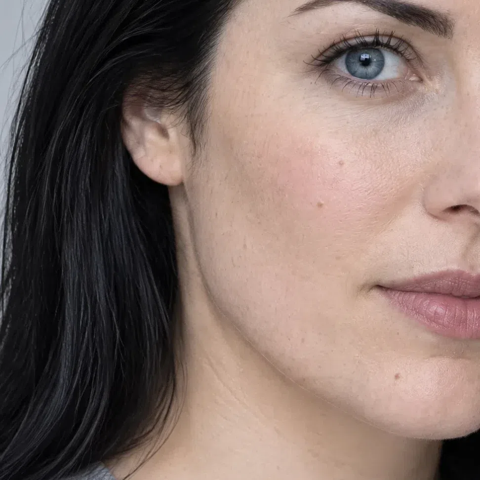 A fair Bright Winter wearing a cool porcelain base, freckles still showing through