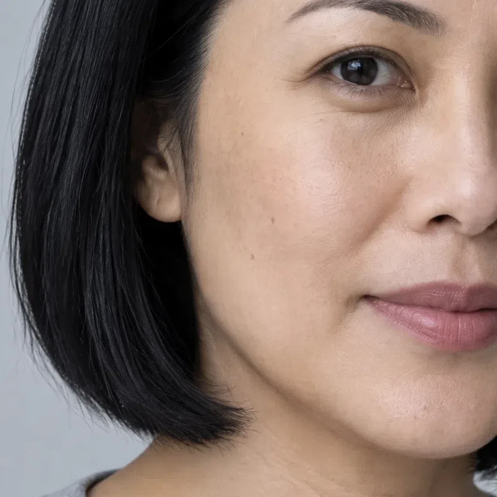 Cool tan foundation matched to medium cool-beige skin at the jaw
