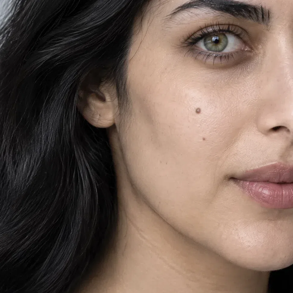 Cool olive-beige foundation on a light olive Bright Winter complexion
