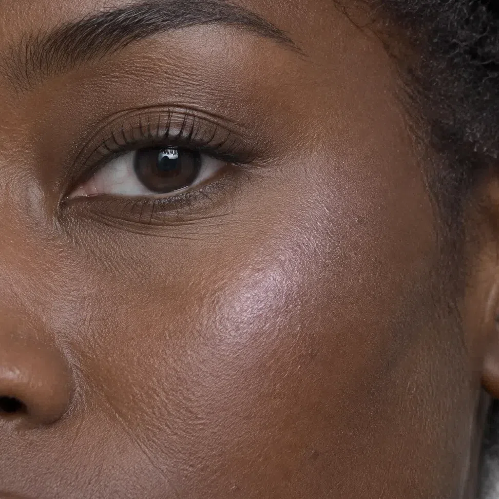 Lilac pearl highlighter glowing on a deep brown cheekbone
