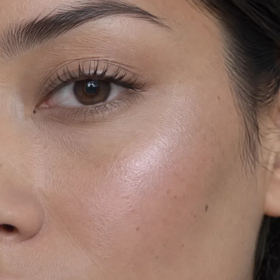 Pearl pink highlighter on a medium cool-beige cheekbone