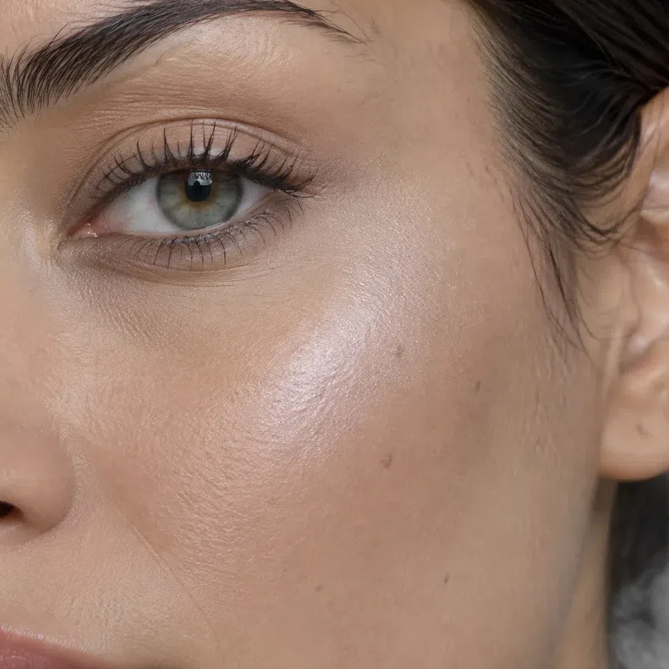 Silver pearl highlighter on a light olive cheekbone