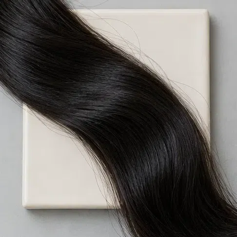 A lock of glossy near-black hair lying across a pale porcelain tile