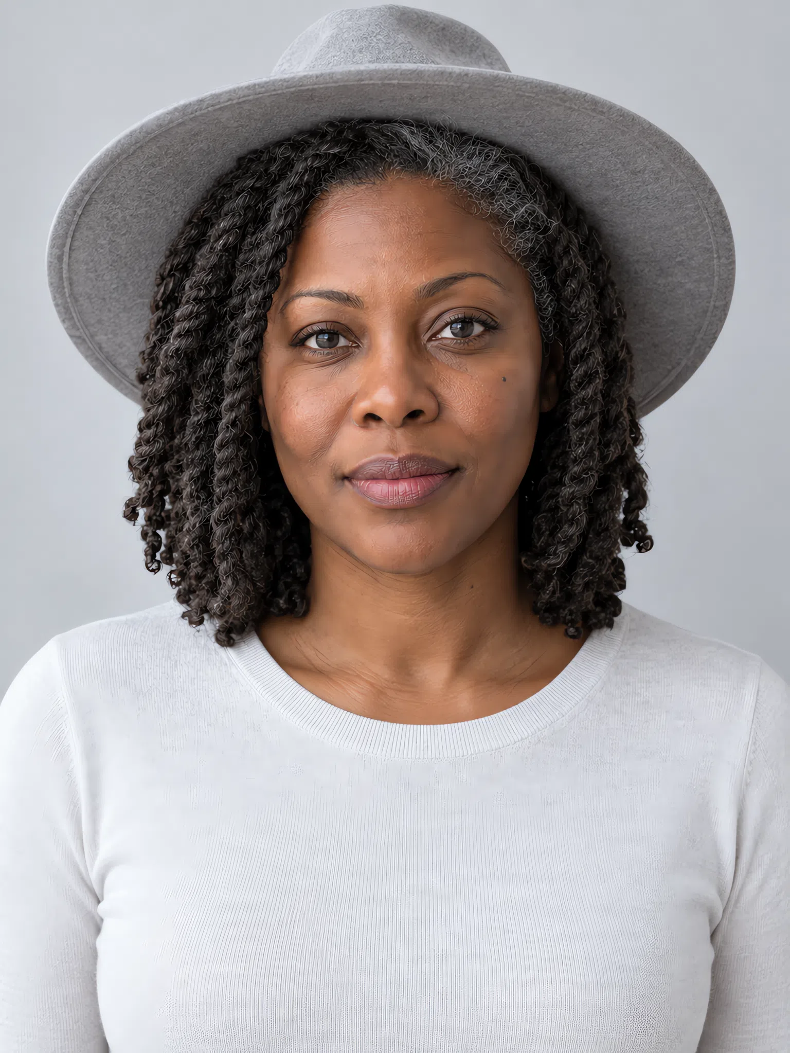 Wide-brim hat recolored through the Cool Summer accents over a neutral top