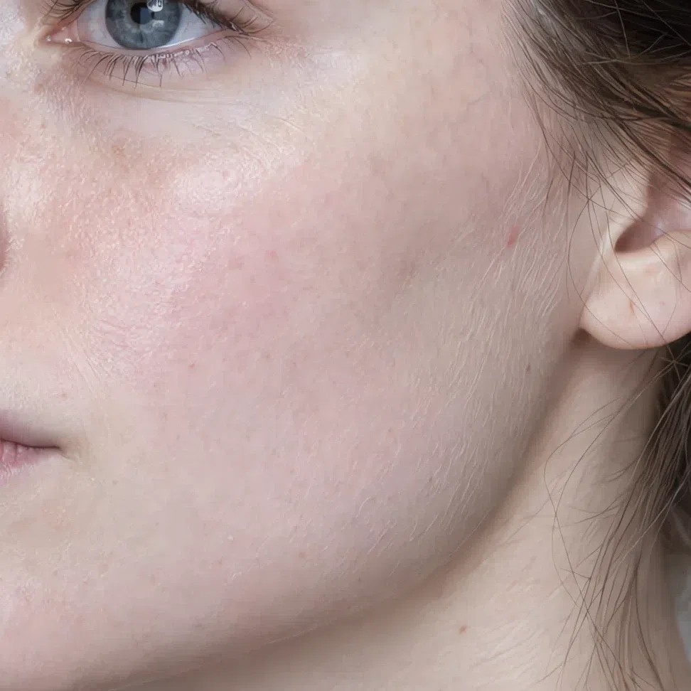 Cool pink undertone on fair porcelain Cool Summer skin, faint veins at the temple