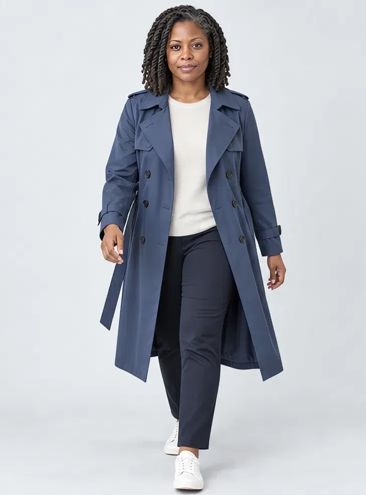 Storm blue trench coat, Cool Summer capsule wardrobe, Deep complexion