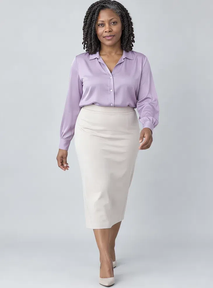 Thistle silk blouse, Cool Summer capsule wardrobe, Deep complexion