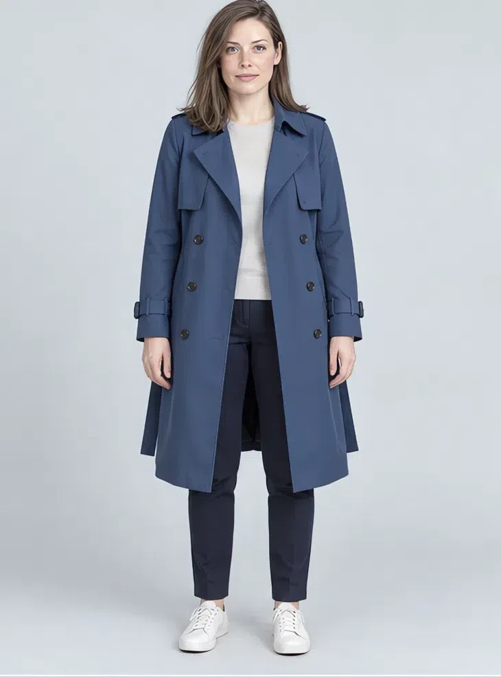 Storm blue trench coat, Cool Summer capsule wardrobe, Fair complexion