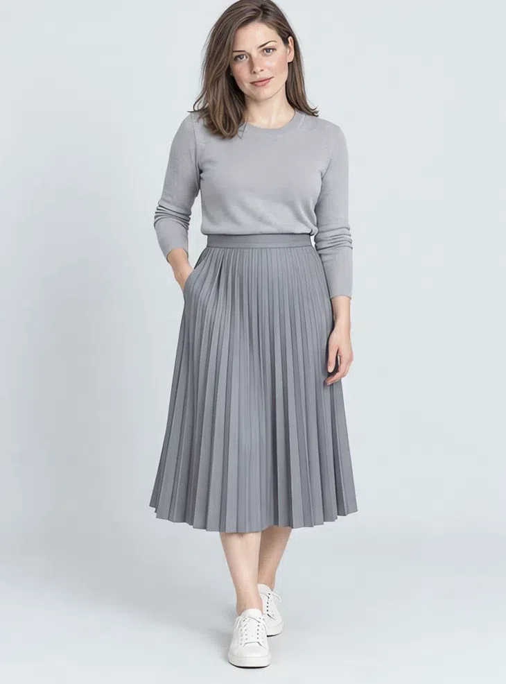 Steel gray midi skirt, Cool Summer capsule wardrobe, Fair complexion
