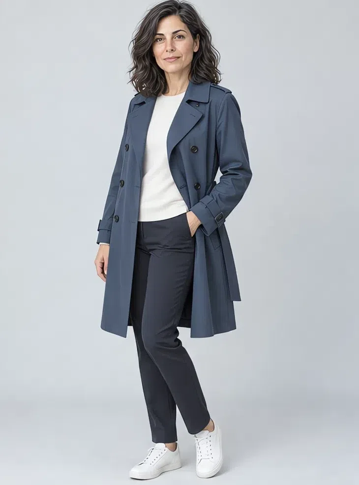 Storm blue trench coat, Cool Summer capsule wardrobe, Light complexion