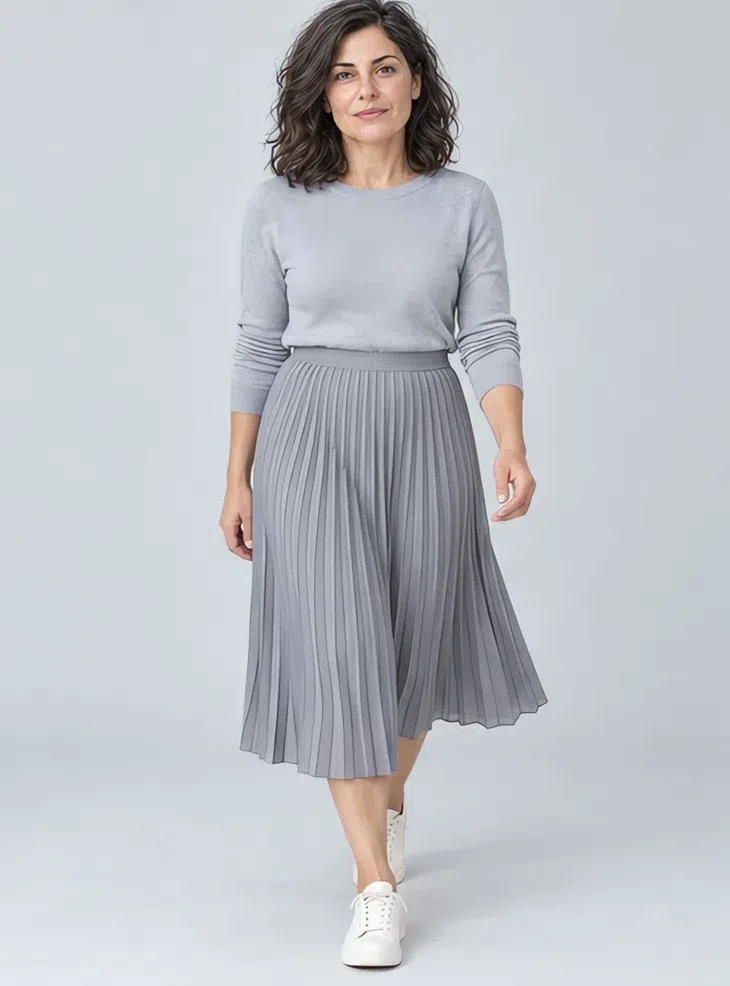 Steel gray midi skirt, Cool Summer capsule wardrobe, Light complexion