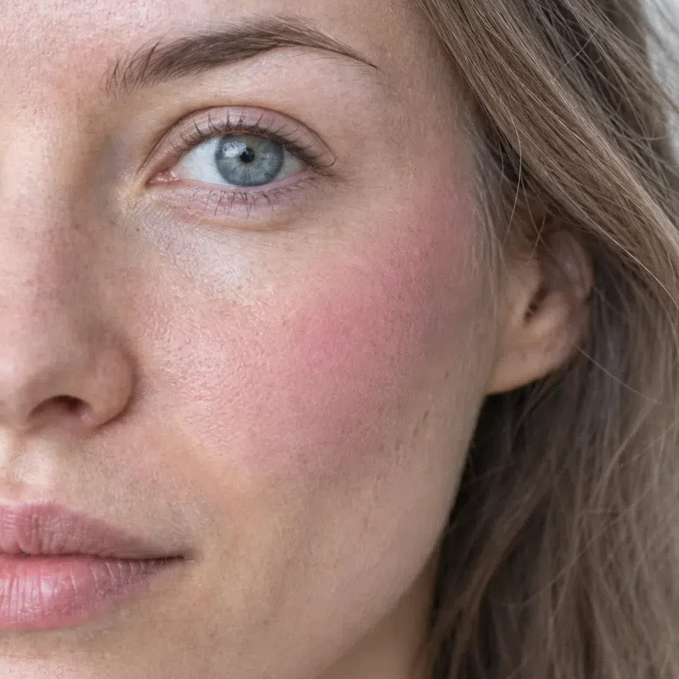 Cool pink blush pressed high on the cheekbone and feathered toward the temple