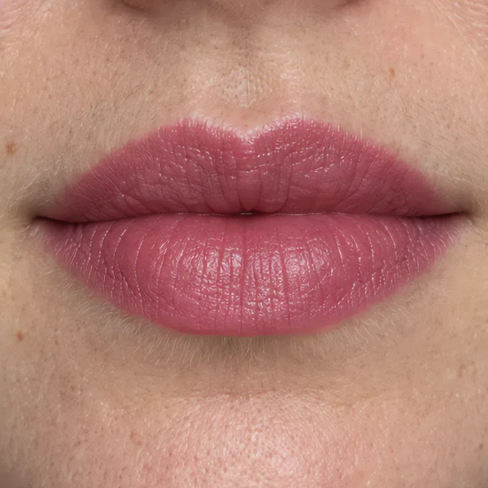 The same lipstick worn as a satin, with a low sheen across the whole lip