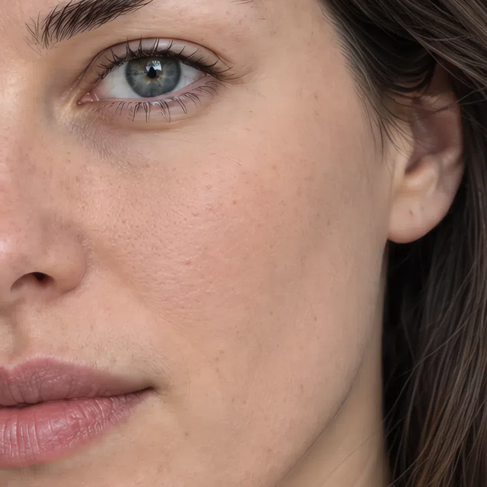 A full matte base on the same cheek, flat and powdery from temple to jaw