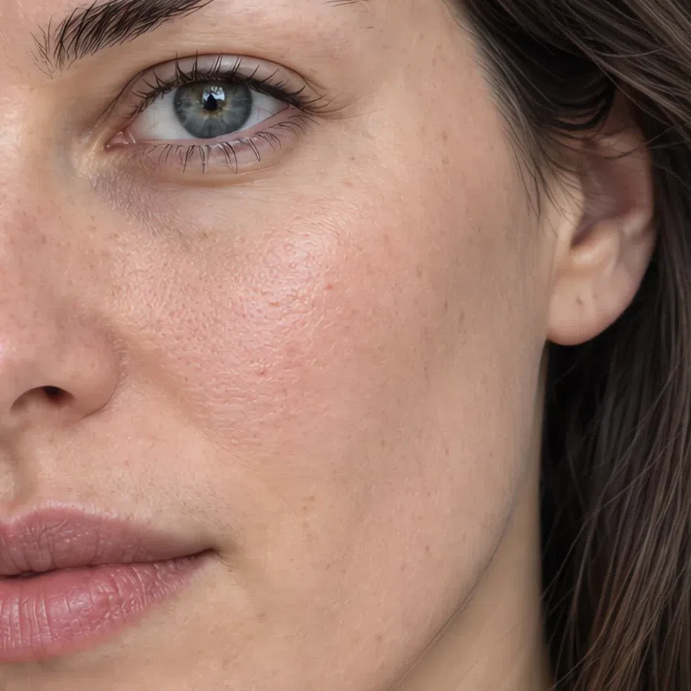 A satin base on a cool-beige cheek, light lifting off the cheekbone and pores still reading