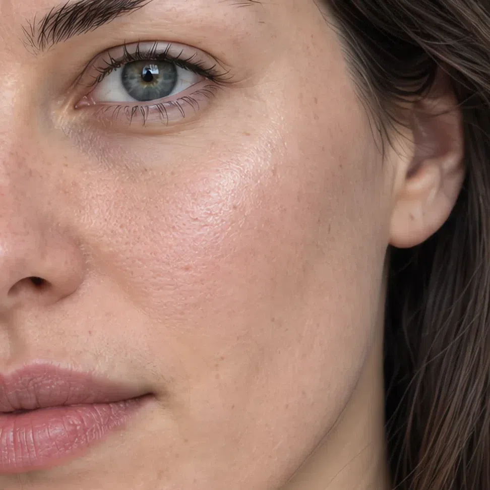 Cool pearl highlighter spread along the cheekbone with both ends fading out