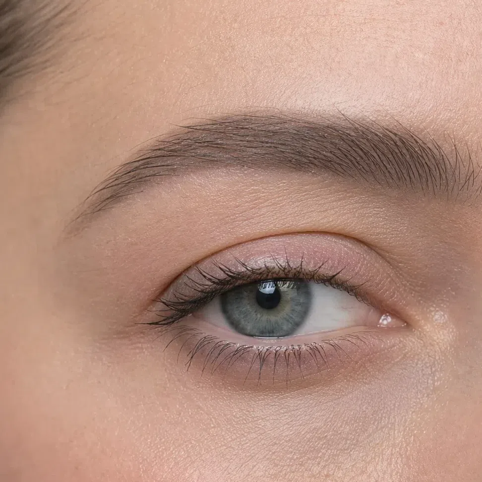 A brow filled with matte powder, hairs still separate and the tail thinning