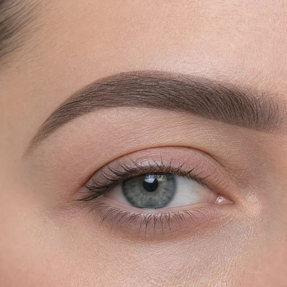 A brow drawn in waxy pencil, filled solid and outlined, with a sheen on the line