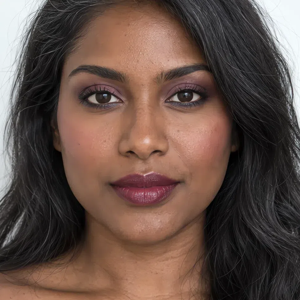 Dinner Cool Summer makeup on deep skin - raspberry mousse blush and deep cranberry