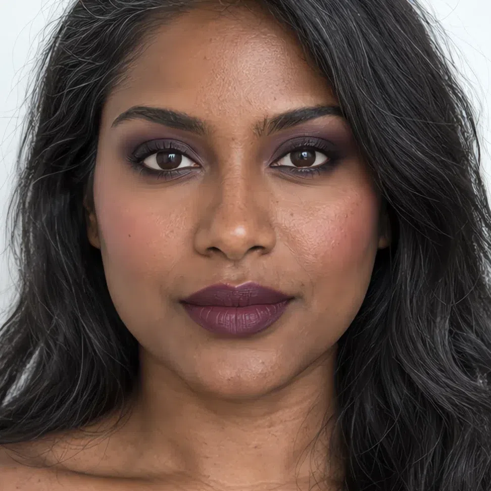 Wedding Cool Summer makeup on deep skin - raspberry mousse blush and plum lip