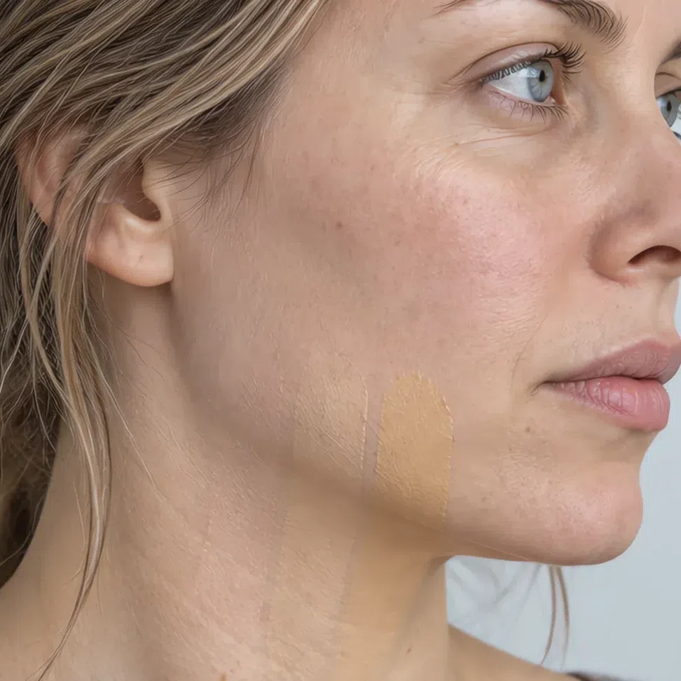 Three blended foundation stripes on the jaw, the match invisible and the golden one still showing