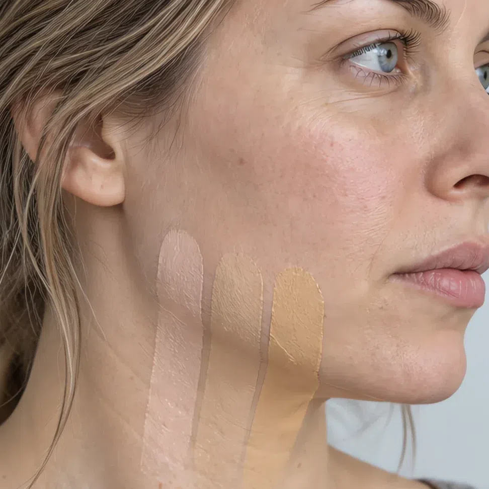Three foundation stripes laid unblended across a jawline and onto the neck