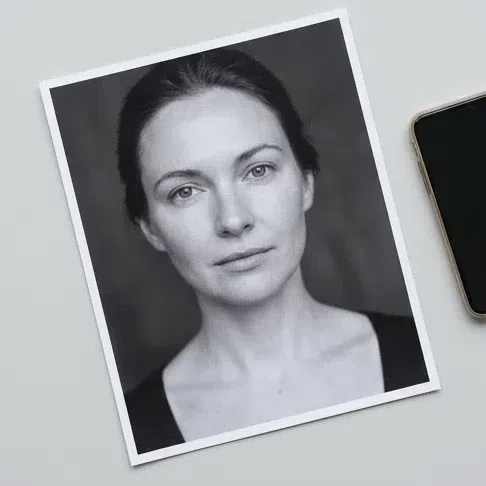 A black-and-white portrait print lying on a table beside a phone